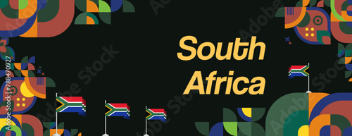 South Africa National Independence Day wide banner. Modern geometric abstract background in colorful style for South Africa day. South African Independence greeting card cover with country flag.