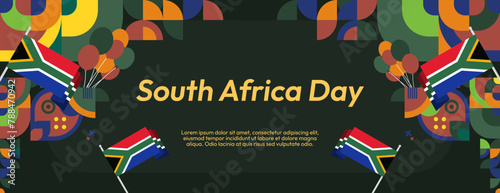 South Africa National Independence Day wide banner. Modern geometric abstract background in colorful style for South Africa day. South African Independence greeting card cover with country flag.