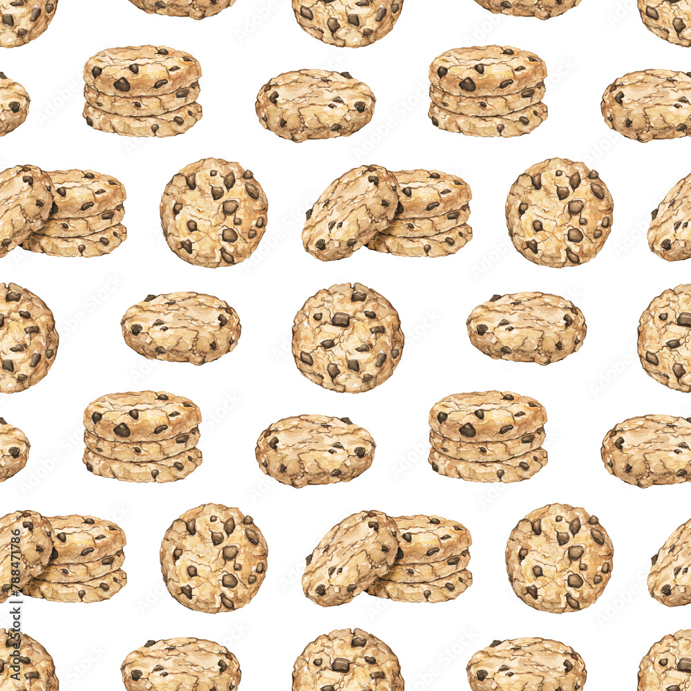 Seamless pattern with home made chocolate chip cookies isolated on white background. Watercolor hand drawn illustration.. Seamless pattern with home made chocolate chip cookies isolated on white background. Watercolor hand drawn illustration..