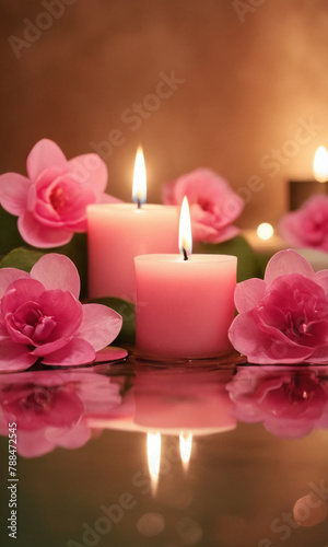Burning candles and pink flowers on the table. A peaceful and relaxing atmosphere with a touch of color and light. Suitable for spa or beauty themes with space for text.