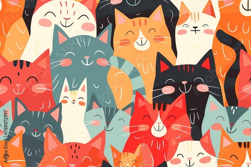 cute and happy cartoon cat pattern with many cats of different colors, smiling faces, laughing