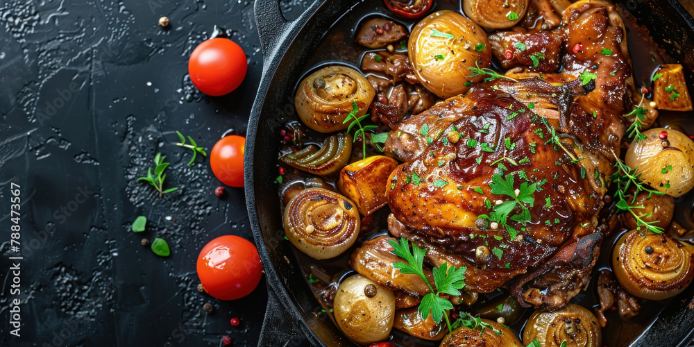 Delicious roast chicken with assorted vegetables and tomatoes in a pan on black background, top view