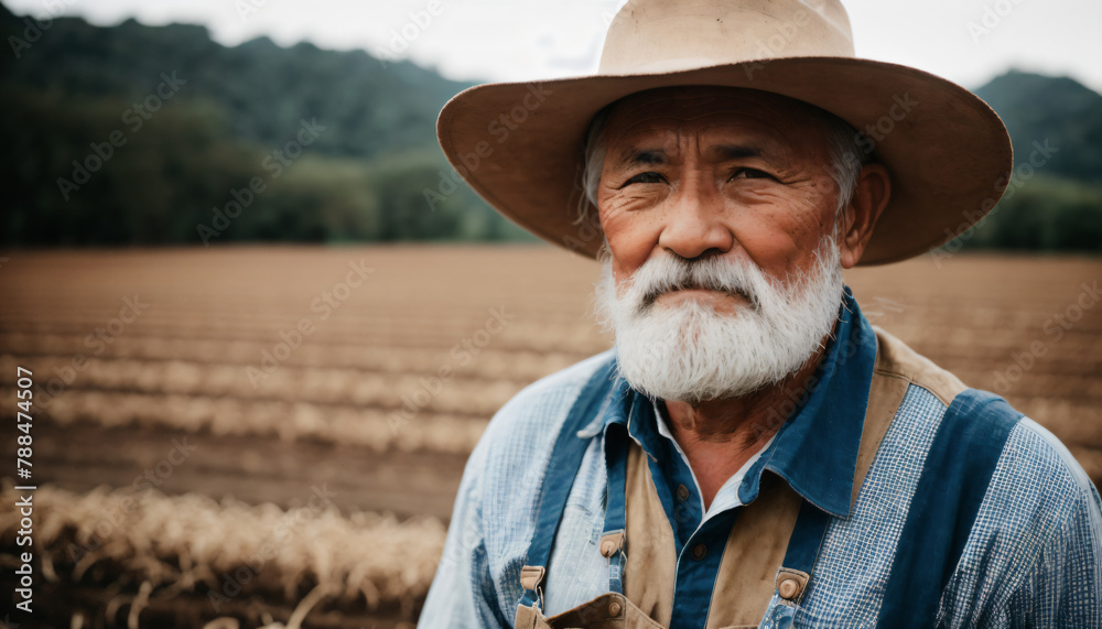 Fototapeta premium Old men farmer stand on front arid farm.