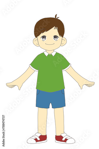手足を広げて立っている男の子 子ども 元気 赤い靴 緑の服 わんぱく 