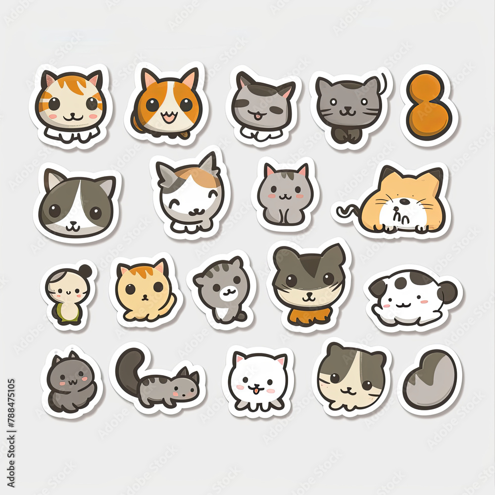 Minimalistic 2D arts for cats stickers with a white background