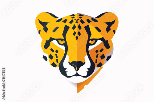 A striking cheetah face icon in vibrant yellow tones, featuring bold, angular shapes that give it a contemporary feel. Isolated on white background. photo