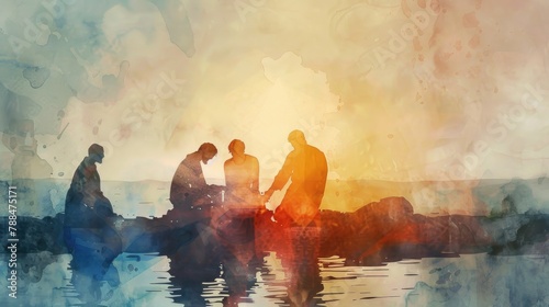A minimalist watercolor scene depicting Jesus Christ washing the disciples' feet, with soft lighting effects