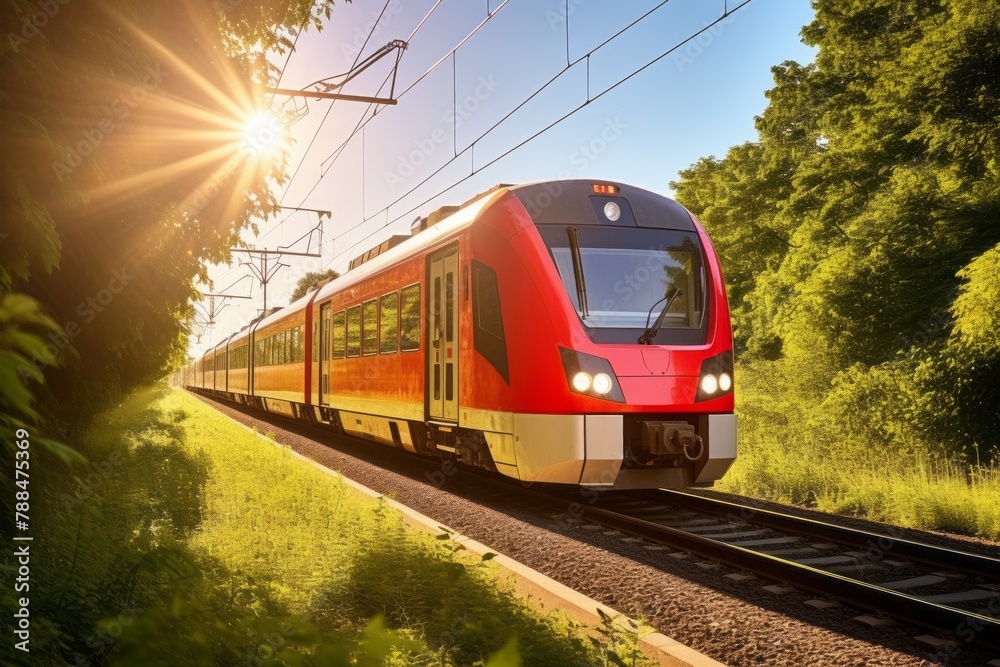 Naklejka premium Modern passenger transportation, locomotive with wagons for passengers