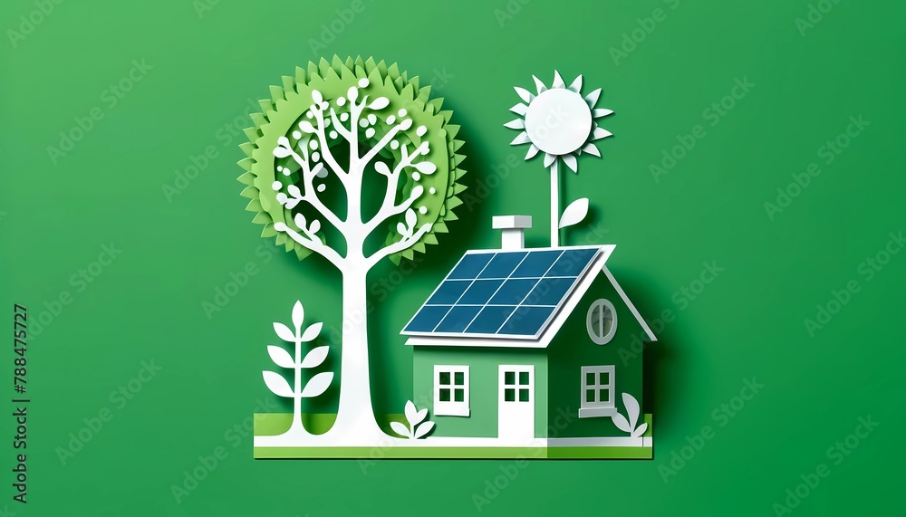 Clean energy concept for paper cut of house with solar panels depicting sustainable and renewable energy - obrazy, fototapety, plakaty 