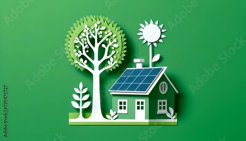 Clean energy concept for paper cut of house with solar panels depicting sustainable and renewable energy