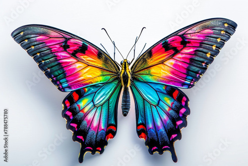A stunning butterfly emblem, featuring an array of vibrant hues on a clean white background.