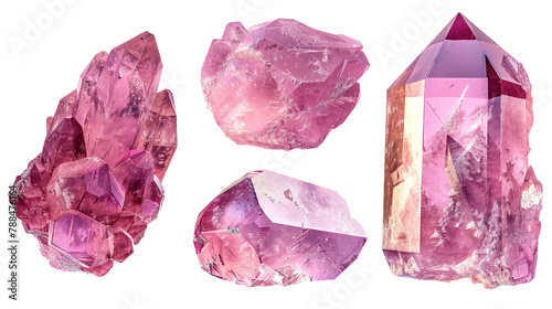 Morganite gemstone collection in 3D digital art, transparent background. Top view, flat lay of elegant pink crystals for luxury jewelry design. Isolated precious stones with brilliant sparkle. photo