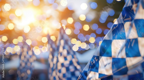 Bavarian flags fluttering with blurred festive lights in the background