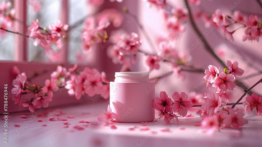 A small can of white moisturizer on a few pink cherry blossoms background. Generated by artificial intelligence. A small can of white moisturizer on a few pink cherry blossoms background. Generated by artificial intelligence.