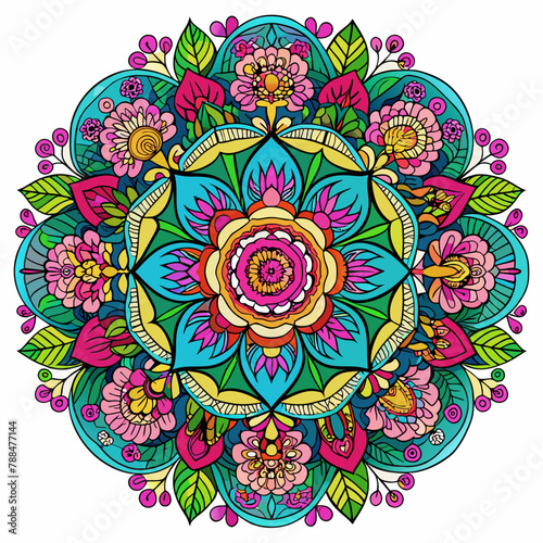 Create a stunning mandala for the cover that represents the essence of the coloring book: a vibrant and intricate fusion of various floral patterns. Use a rich palette of flowers, such as roses, lilie