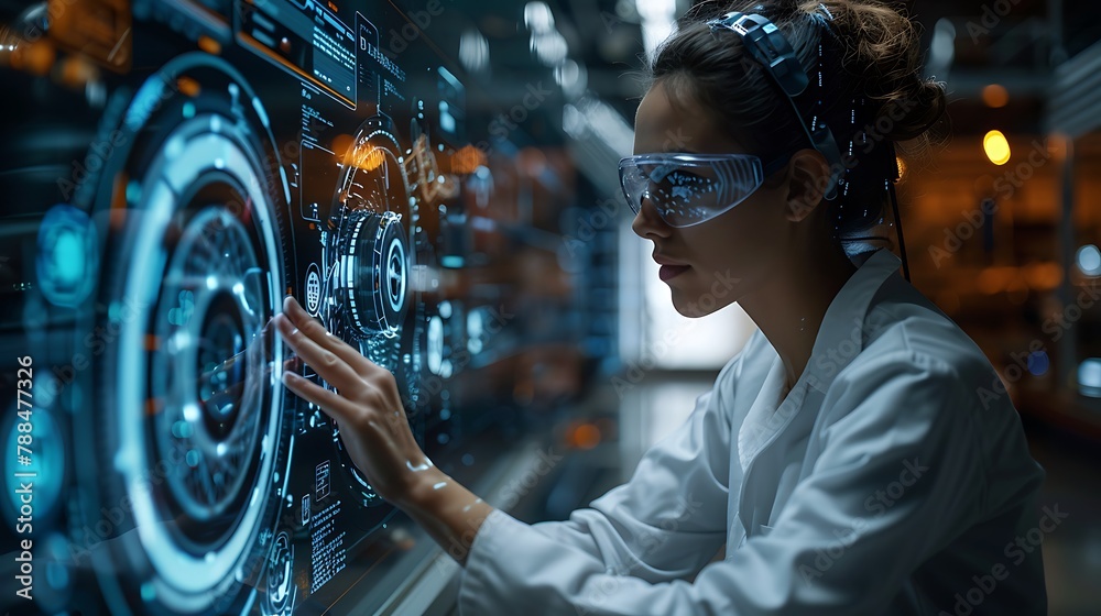 A focused automotive engineer uses a large holographic display to ...