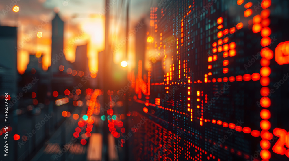 Twilight cityscape blurred by digital stock market numbers, symbolizing the pace of finance.
