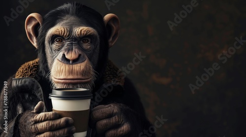 Anthropomorphic monkey enjoying a warm cup of coffee against a dark background. Holding a beverage. Full-length portrait of primate humanoid. Styled and contemplative