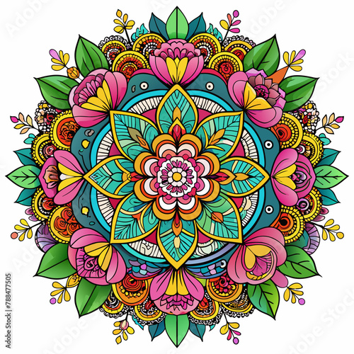 Create a stunning mandala for the cover that represents the essence of the coloring book: a vibrant and intricate fusion of various floral patterns. Use a rich palette of flowers, such as roses, lilie