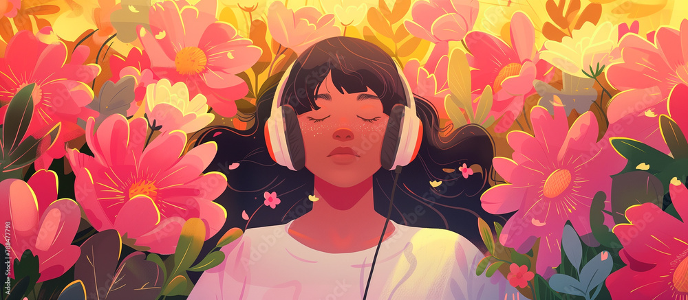 a woman wearing headphone peacefully in floral blossom, sound music of beauty nature concept background