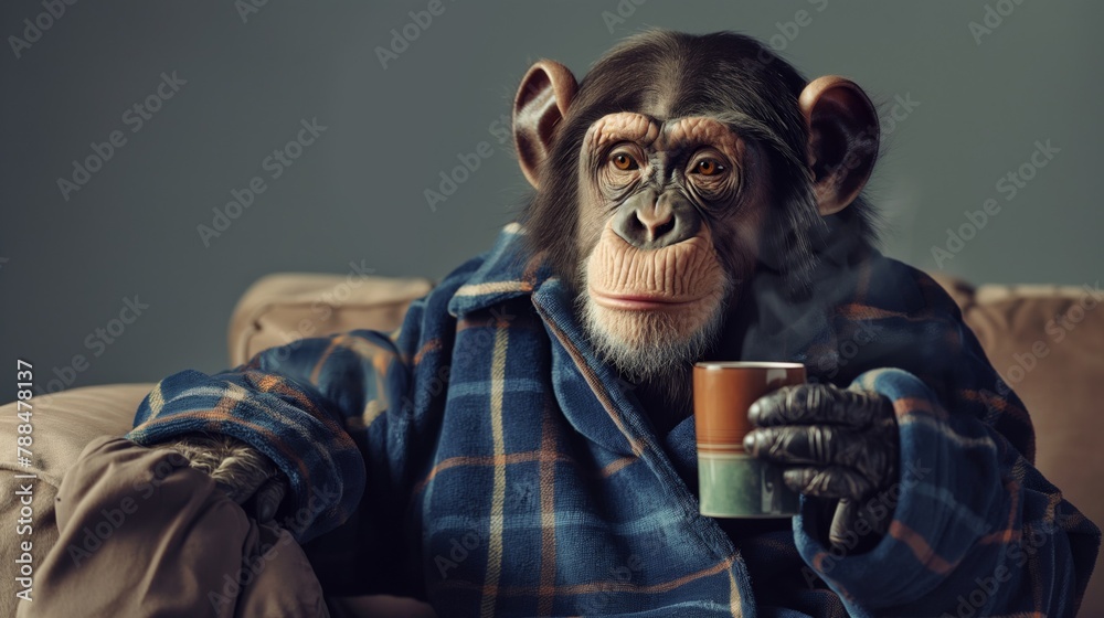 Thoughtful chimpanzee dressed in plaid loungewear enjoys a warm beverage, depicting a humorous take on human relaxation habits Thoughtful chimpanzee dressed in plaid loungewear enjoys a warm beverage, depicting a humorous take on human relaxation habits