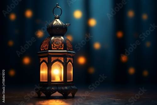 Tranquil Ramadan lantern glowing background. Holy lamp moon fabric fasting. Generate Ai