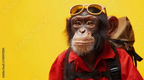 Intelligent and anthropomorphic chimpanzee dressed up in a fun and creative costume. Wearing sunglasses and carrying a backpack. Ready for adventure and travel with a vibrant yellow background photo