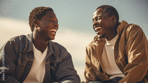 Two young African Americans laughing outdoors 