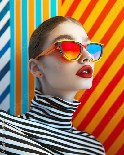 fashion design A modern fashion portrait of an elegant woman on colorful striped background