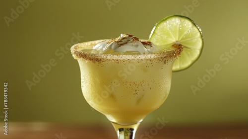 Indulge in a refreshing classic lime margarita adorned with a zesty lime wedge and a sprinkle of turbinado sugar to liven up your Fiesta celebration photo