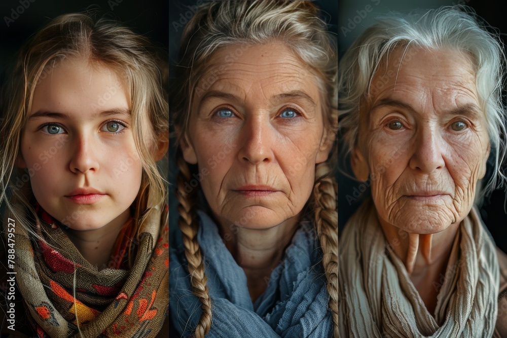 Composite Aging Woman: Screen View of Dual Aging Faces, Young vs. Old, Chin Shape and Dry Scalp Care. Composite Aging Woman: Screen View of Dual Aging Faces, Young vs. Old, Chin Shape and Dry Scalp Care.