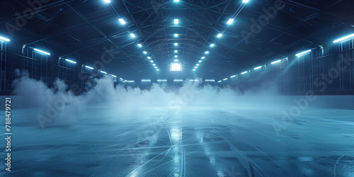 ice rink with fog, smoke and a dark sky background, empty stadium Hockey ice rink sport arena 