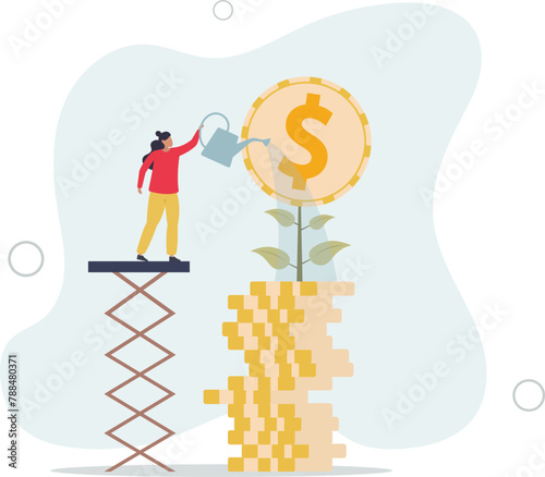 investor watering stack dollar coin to grow money plant.flat vector illustration.