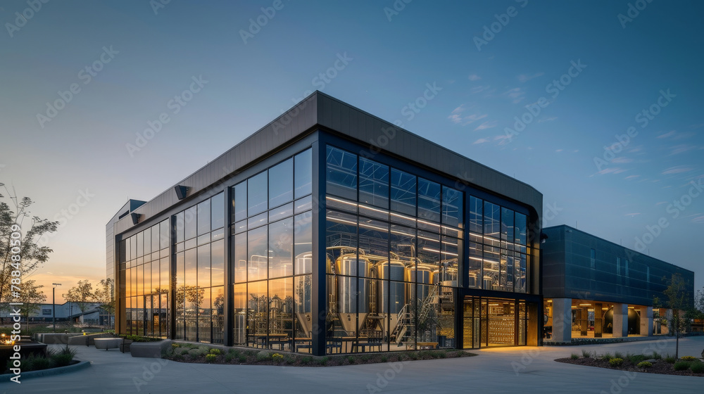 Fototapeta premium An outside view of the brewery's modern facade with large glass windows, through which the automated bottling line is visible