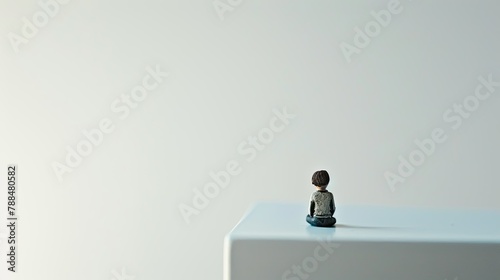 A tiny toy figurine sits perched on a table against a crisp white backdrop photo
