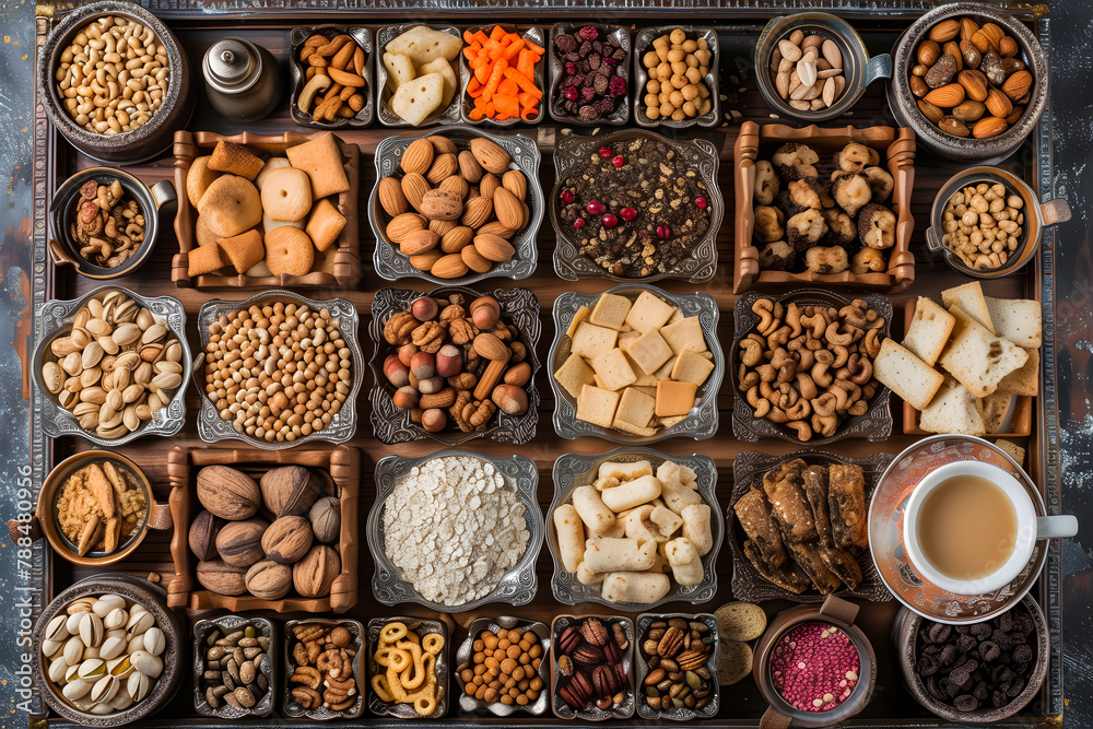 top view of mixed nuts in ceramic bowl and cup a coffe. Mix of various nuts on colored background. pistachios, cashews, walnuts, hazelnuts, peanuts and brazil nuts.