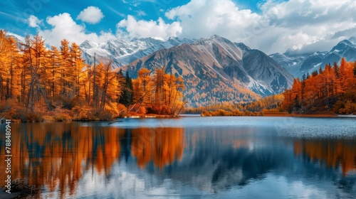 Beautiful landscape of a large lake with mountains and orange trees in autumn in high resolution and high quality. landscape concept © Marco