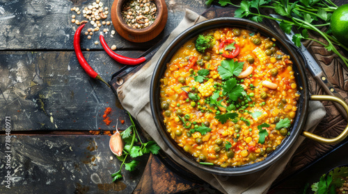 Aromatic bangladeshi lentil dal curry garnished with fresh herbs, served in a pot