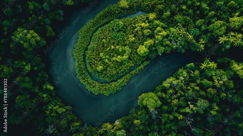 A high-altitude drone shot of a winding river through a lush forest - obrazy, fototapety, plakaty 