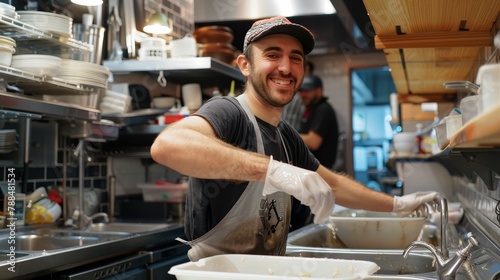 Washing dishes as part of restaurant startup life, hustle, grind, passion