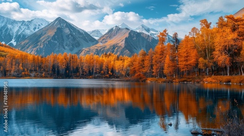 Beautiful landscape of a large lake with mountains and orange trees in autumn in high resolution and high quality. concept landscape,autumn,seasons,lake © Marco
