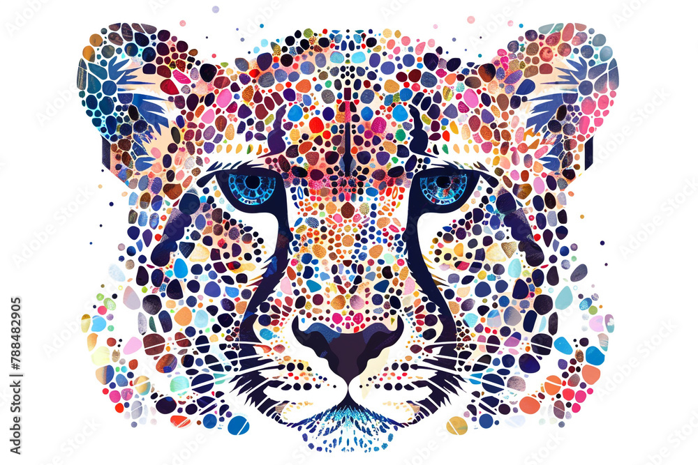 An abstract cheetah face icon with a kaleidoscopic pattern, featuring an array of vibrant colors and intricate geometric shapes, 
