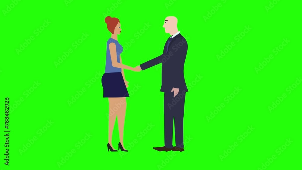 Man and Woman character doing handshake, cartoon animation, on green screen chroma key Man and Woman character doing handshake, cartoon animation, on green screen chroma key
