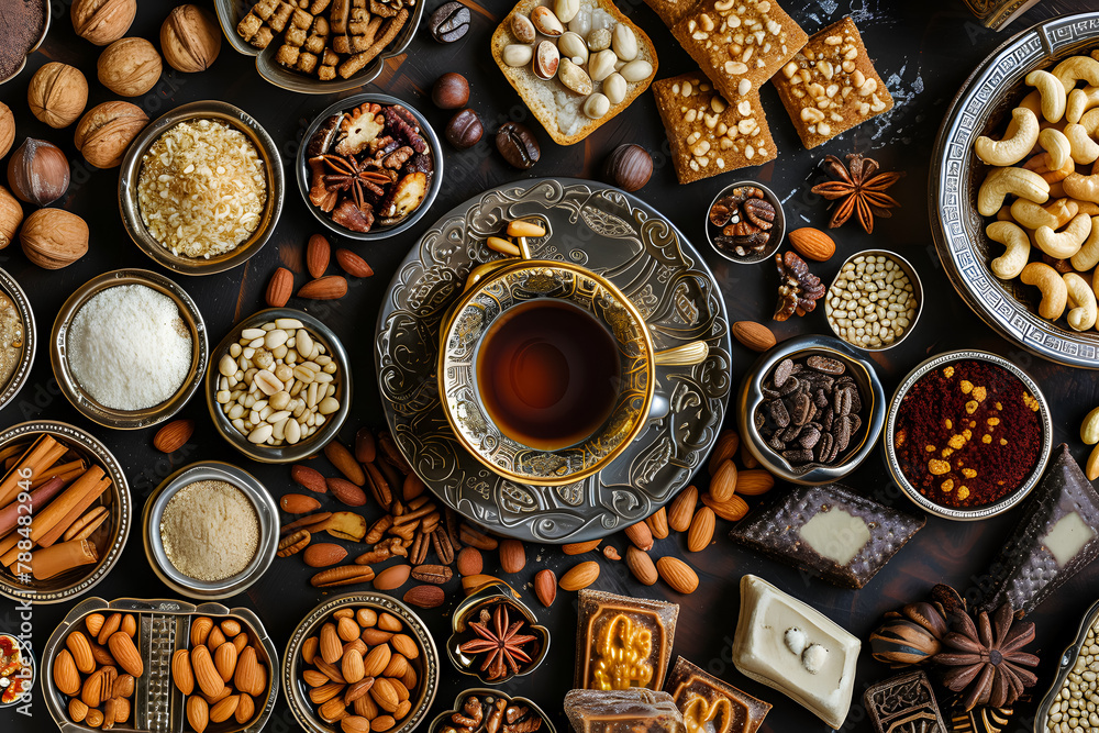 top view of mixed nuts in ceramic bowl and cup a coffe. Mix of various nuts on colored background. pistachios, cashews, walnuts, hazelnuts, peanuts and brazil nuts.