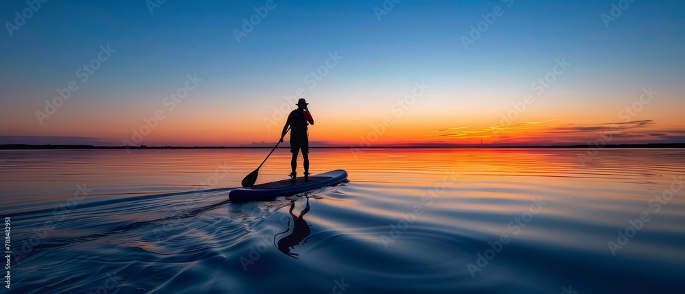 Standup paddleboarding at dawn, tranquil waters, balanced, serene adventure