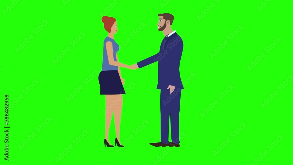 Man and Woman character doing handshake, cartoon animation, on green screen chroma key Man and Woman character doing handshake, cartoon animation, on green screen chroma key