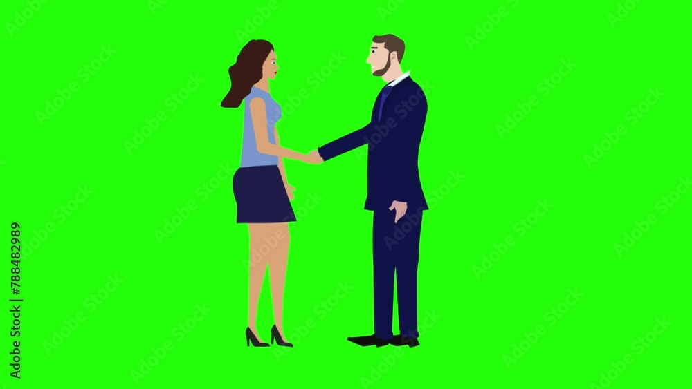 Man and Woman character doing handshake, cartoon animation, on green screen chroma key Man and Woman character doing handshake, cartoon animation, on green screen chroma key
