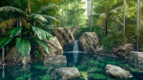 Simulated water gardens, small simulated ecosystems, waterfalls that were created to decorate the home. for naturalness photo