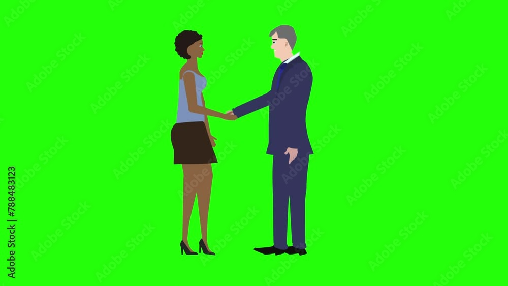 custom made wallpaper toronto digitalMan and Woman character doing handshake, cartoon animation, on green screen chroma key