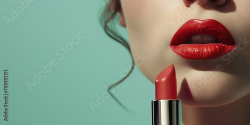 Beautiful woman applying red lipstick on her lips